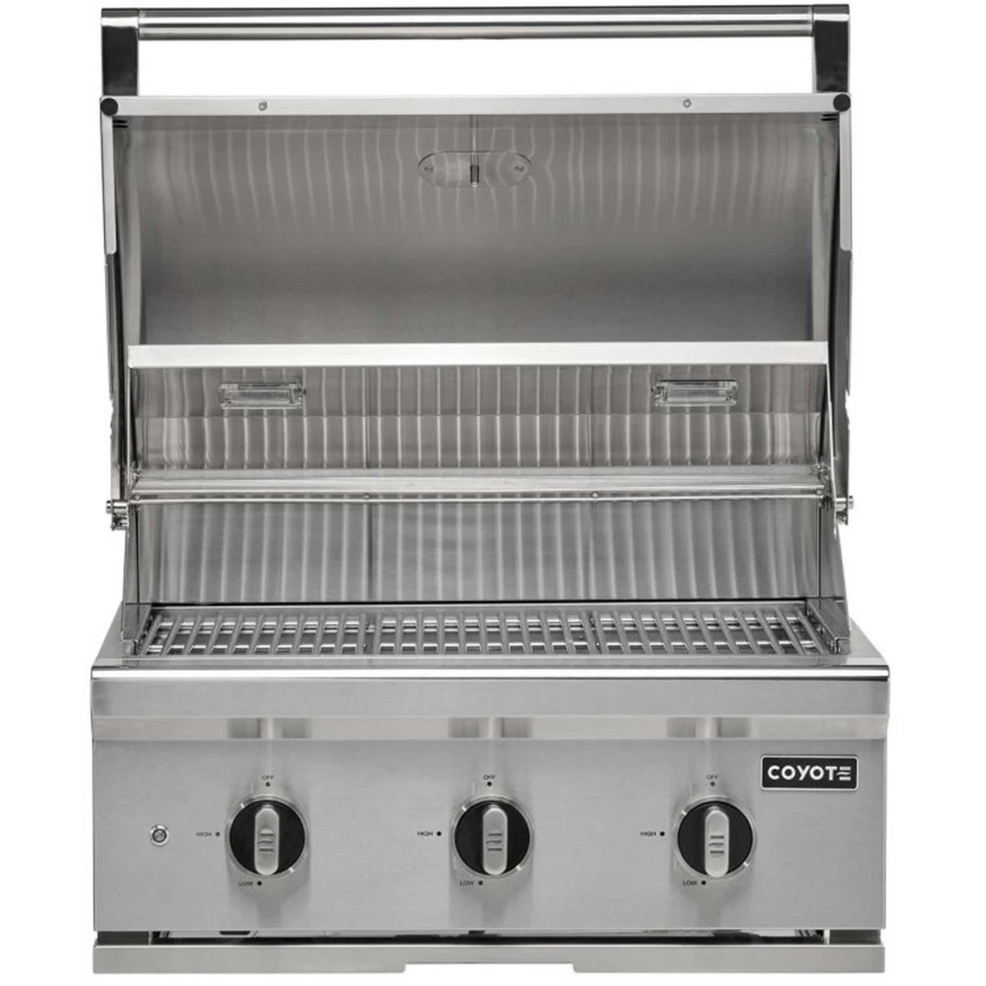 Coyote 30 Inch Built-In Stainless Steel Gas Grill with 640 sq. in. Total Cooking Area, 3 Burner, Interior Lighting, Integrated Windguard, and Smudge Proof Control Panel C3C30NG - Scratch & Dent (Minor)