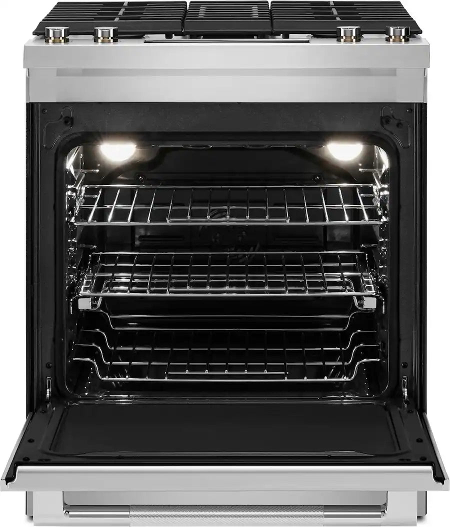 JennAir 30 in. Wide 5 Burner 7.1 Cu. Ft. Slide-In Dual Fuel Convection Range with Self-Cleaning and Air Fry in Stainless Steel JDS1450ML - Open Box