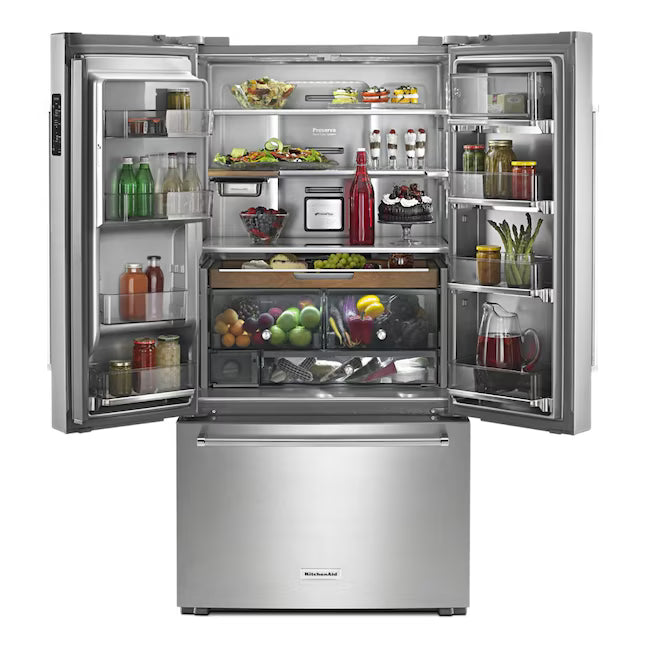 KitchenAid 23.8 cu. ft. Counter-Depth French Door Platinum Interior Refrigerator with PrintShield™ Finish 31133SD123 - KRFC704FPS - Scratch and Dent (Moderate)