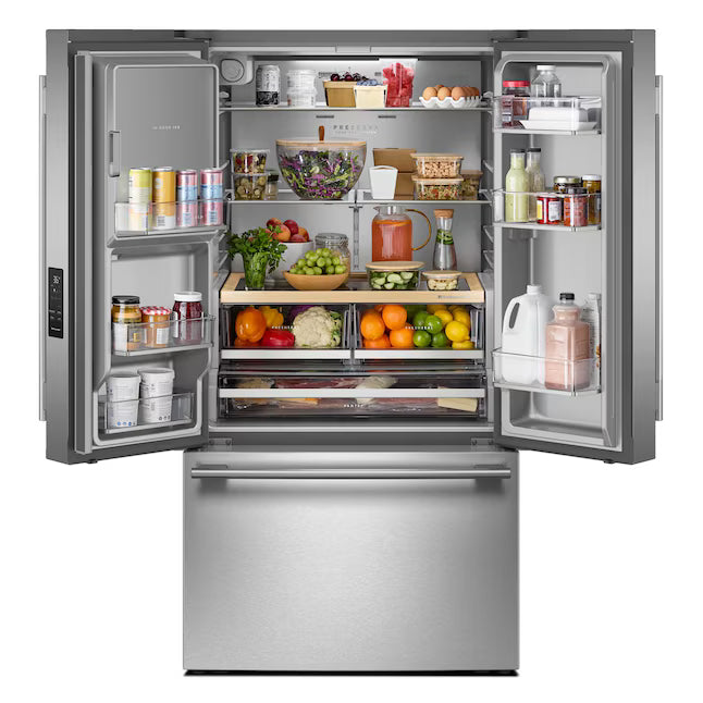 KitchenAid 36 in. 30 cu. ft. Standard Depth French Door Refrigerator in PrintShield Stainless with Exterior Water and Ice KRFF436SPS - Scratch & Dent (Minor)