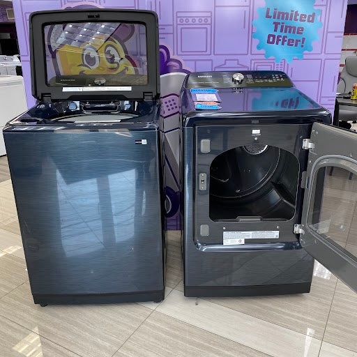 Samsung 5.4 cu. ft. Smart Top Load Washer with Pet Care Solution WA54CG7150AD - Scratch & Dent (Moderate) and Samsung Brushed 7.4 cu. ft. Smart Vented Electric Dryer with Pet Care Dry and Steam Sanitize+ WA54CG7150AD - Scratch & Dent (Minor)
