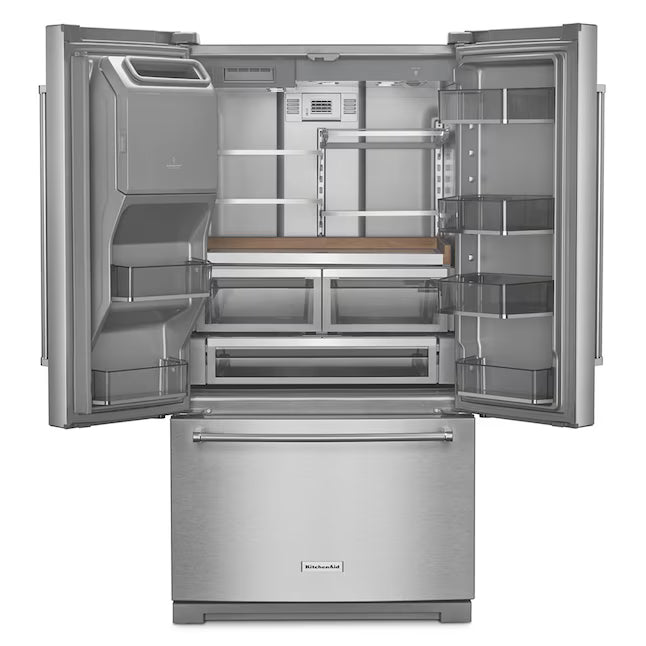 Kitchenaid 26.8 cu ft Standard Depth French Door Refrigerator with Exterior Ice and Water Dispenser KRFF577KPS - Scratch & Dent (Major)