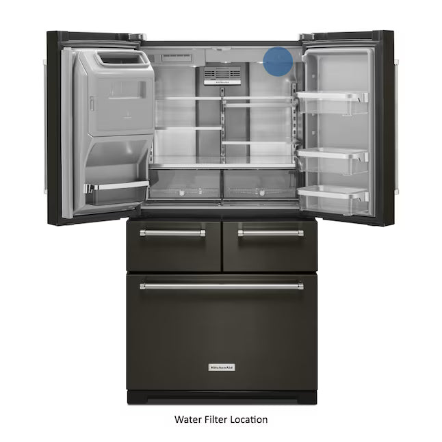 KitchenAid Standard-Depth 25.8-cu ft 5-Door with Ice Maker in Black Stainless Steel with PRINTSHIELD Finish 31134SD225 - KRMF706EBS - Scratch & Dent (Minor)
