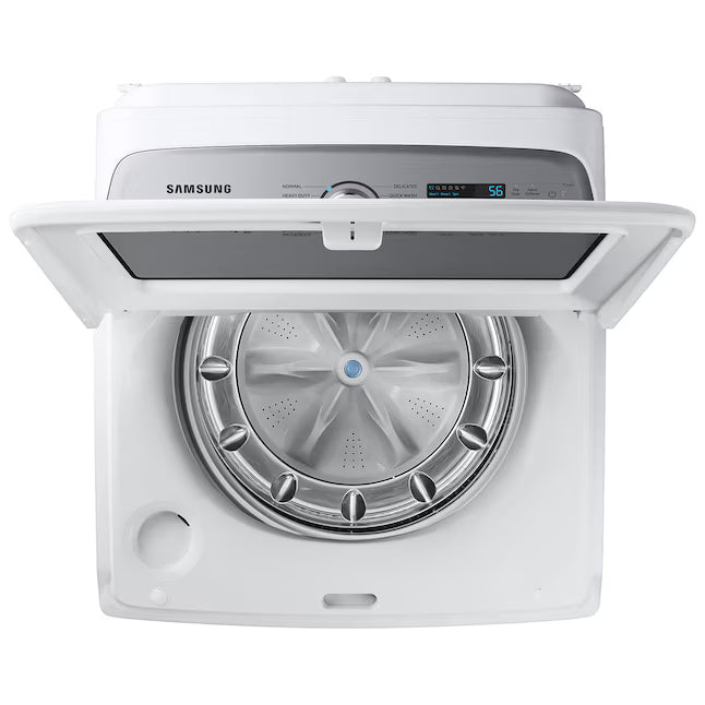 Samsung 5.2 cu. ft. Large Capacity Smart Top Load Washer with Super Speed Wash in White WA52DG5500AW - Scratch & Dent (Minor) and Samsung White Smart Electric 7.4 Cu. Ft. Dryer with Sensor Dry and Steam Sanitize+ DVE52A5500W - Scratch & Dent (Moderate)