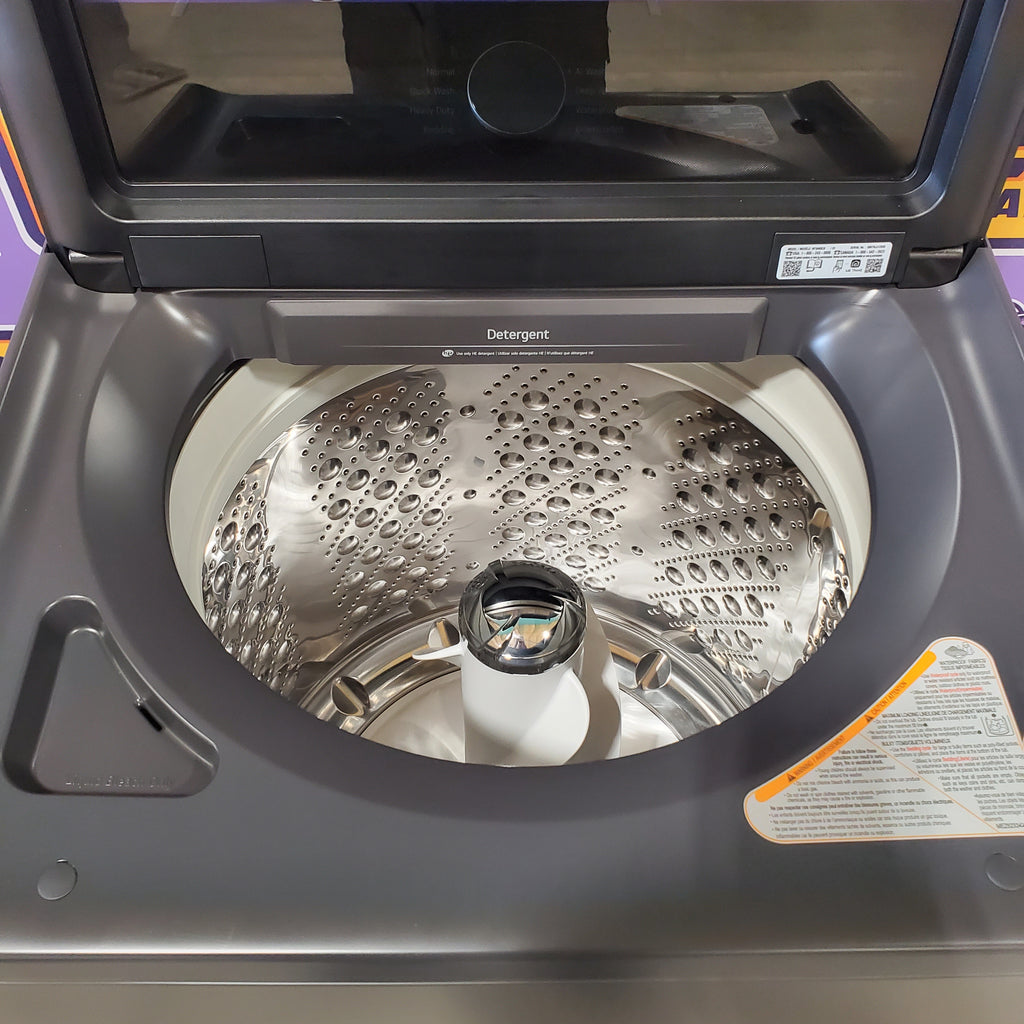 Pictures of LG 5.3 cu. ft. Capacity Top Load Washer with 4-Way® Agitator and EasyUnload™ WT8405CB - Open Box and LG 7.3 cu. ft. Capacity Smart Rear Control Electric Dryer with AI Sensing, EasyLoad™ Door DLE8400BE - Open Box - Neu Appliance Outlet - Discount Appliance Outlet in Austin, Tx