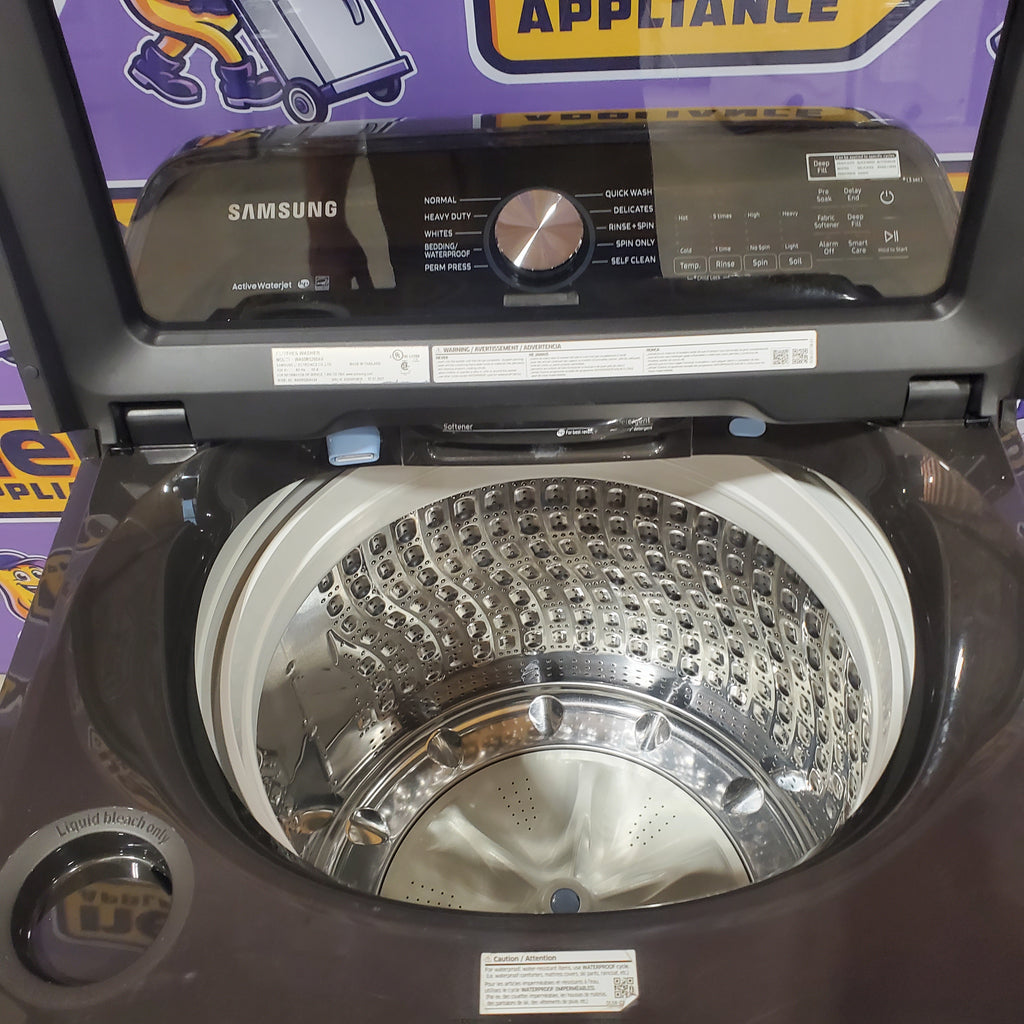 Samsung 5.0 cu. ft. Capacity Top Load Washer with Active WaterJet in Brushed Black WA50R5200AV - Certified Refurbished and Samsung Brushed Black 7.4 cu. ft. Smart Electric Dryer with Sensor Dry 16114 - DVE47CG3500V - New in Box