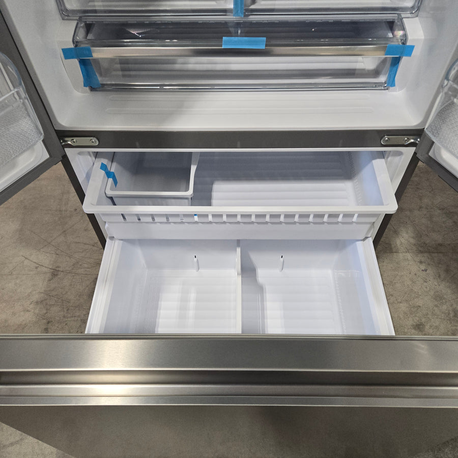 Fingerprint Resistant Brushed Steel ENERGY STAR Hisense 26.6 cu. ft. 3 Door French Door Refrigerator with Icemaker and Internal Water Dispenser - Scratch & Dent - (Minor)