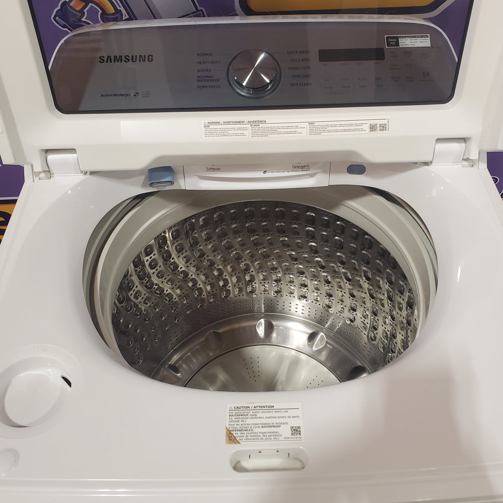 Pictures of Samsung White Top Load 5.0 Cu. Ft. Washer with Super Speed WA50R5400AW - Certified Refurbished and Samsung White Electric 7.4 Cu. Ft. Dryer with Sensor Dry 16035 - DVE50R5200W - Certified Refurbished - Neu Appliance Outlet - Discount Appliance Outlet in Austin, Tx