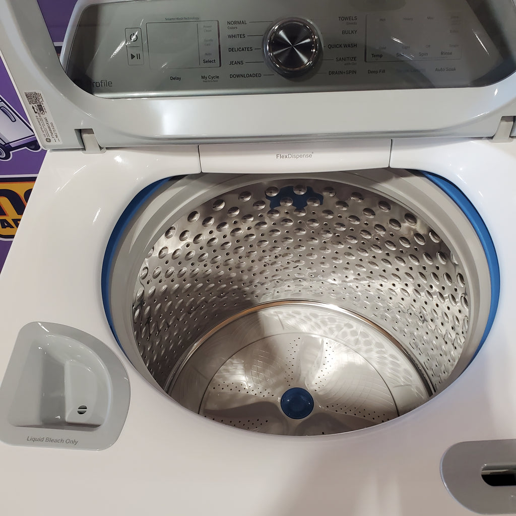GE Profile 5.0 cu. ft. High-Efficiency Smart Top Load Washer in White with Microban Technology PTW600BSRWS - Scratch & Dent (Minor) and GE Profile 7.4 cu. ft. Capacity Electric Dryer with Sanitize Cycle and Sensor Dry 16052 - PTD60EBSRWS - New in Box