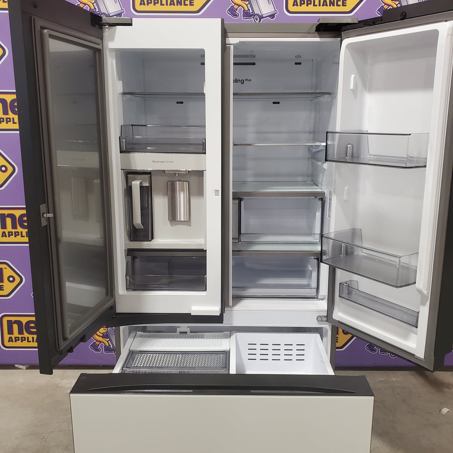 Samsung Counter-Depth Beverage Center 24.0 cu ft 3-Door Smart Compatible French Door Refrigerator with Dual Ice Maker with Water Dispenser and Door within Door ENERGY STAR Certified in White Glass RF24BB660012 - Scratch & Dent (Minor)