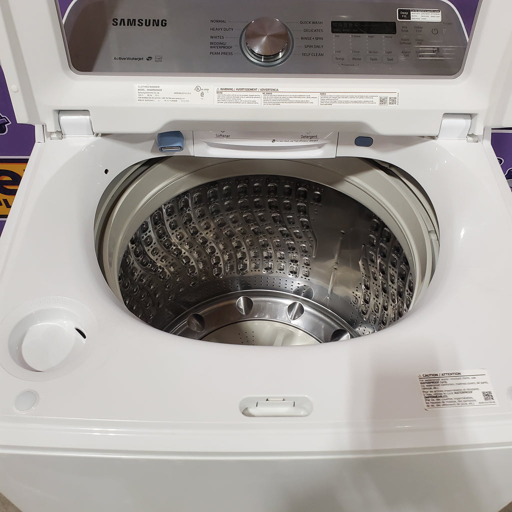 Samsung White Top Load 5.0 Cu. Ft. Washer with Active Water Jet WA50R5200AW - Certified Refurbished and Samsung White Electric 7.4 Cu. Ft. Dryer with Sensor Dry 16036 - DVE50R5200W - Certified Refurbished