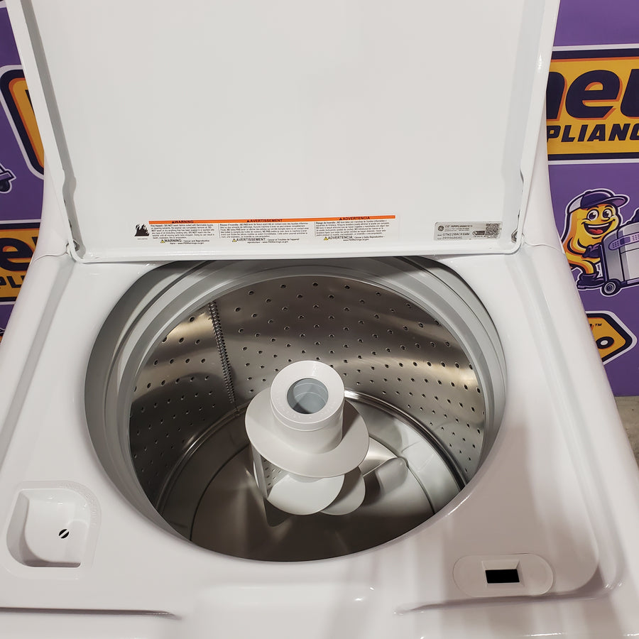 GE® 3.8 cu. ft. Capacity Washer with Stainless Steel Basket in White GTW330ASKWW - Scratch & Dent (Moderate) and GE® 7.2 cu. ft. Capacity Aluminized Alloy Drum Electric Dryer 16228 - GTD33EASKWW - Scratch & Dent (Minor)