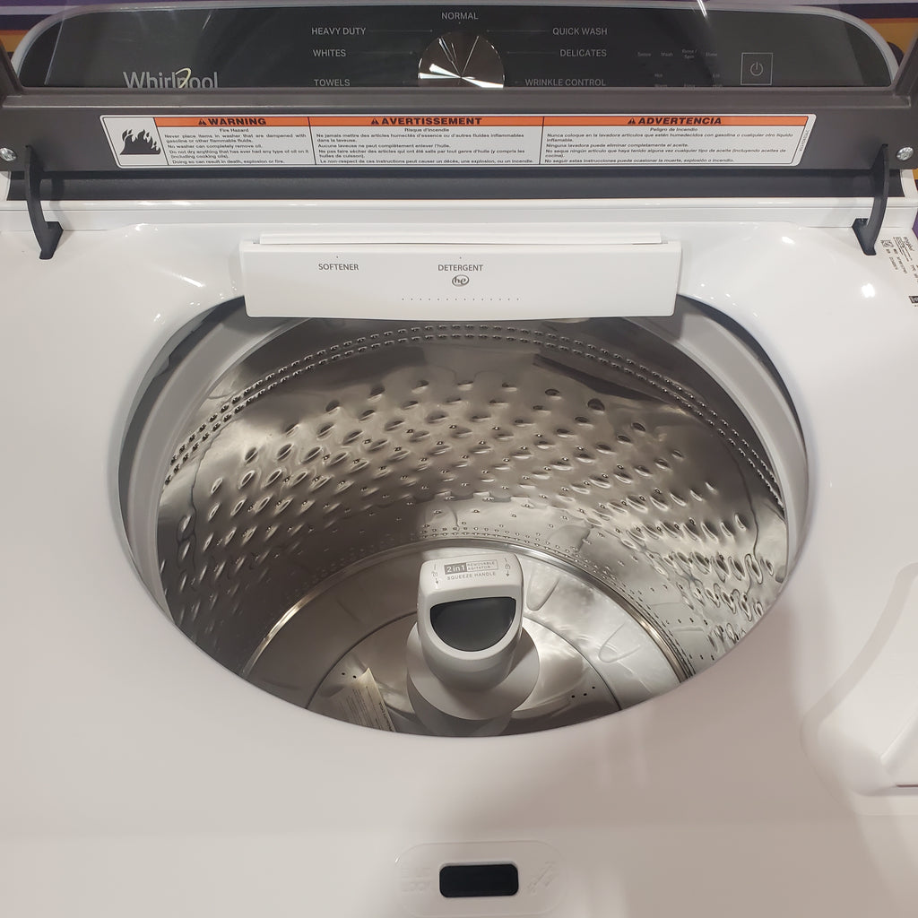 Whirlpool 5.2–5.3 Cu. Ft. Top Load Washer in White with Removable Agitator WTW6157PW - Open Box and Whirlpool 7.0 cu. ft. Electric Dryer with Hamper Door 16062 - WED5010LW - Open Box