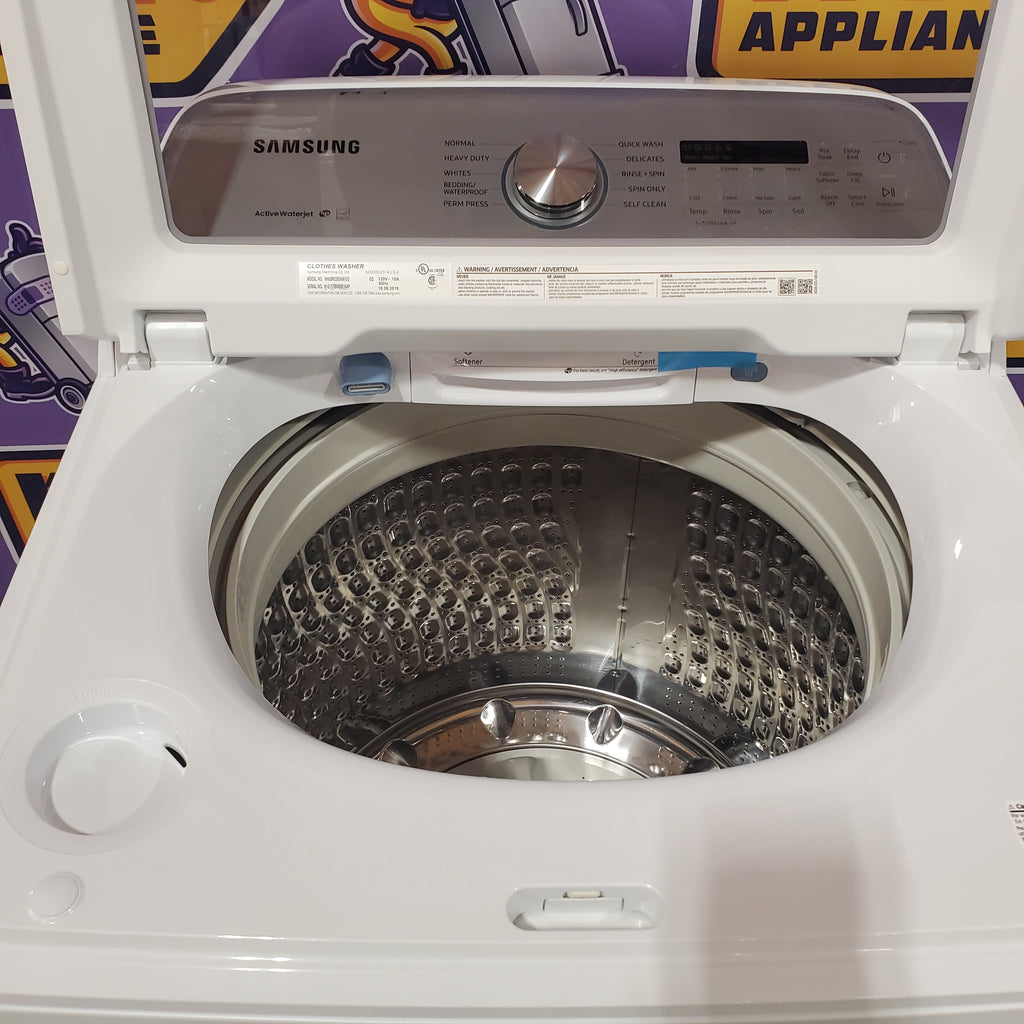 Samsung White Top Load 5.0 Cu. Ft. Washer with Active Water Jet 16096 - WA50R5200AW - Certified Refurbished and Samsung White Electric 7.4 Cu. Ft. Dryer with Sensor Dry 16085 - DVE50R5200W - Certified Refurbished