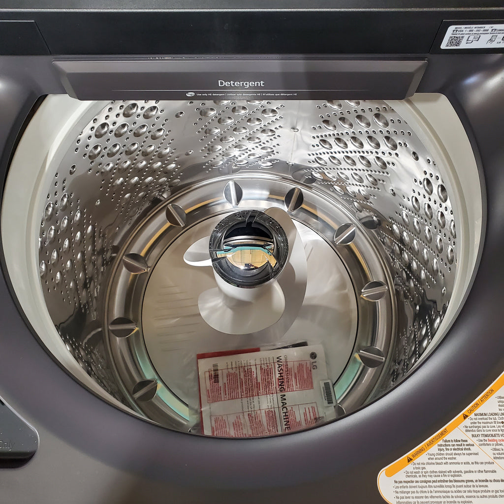 Pictures of LG 5.3 cu. ft. Capacity Top Load Washer with 4-Way® Agitator and EasyUnload™ WT8405CB - Scratch & Dent (Minor) and LG 7.3 cu. ft. Capacity Smart Rear Control Electric Dryer with AI Sensing, EasyLoad™ Door DLE8400BE - Open Box - Neu Appliance Outlet - Discount Appliance Outlet in Austin, Tx