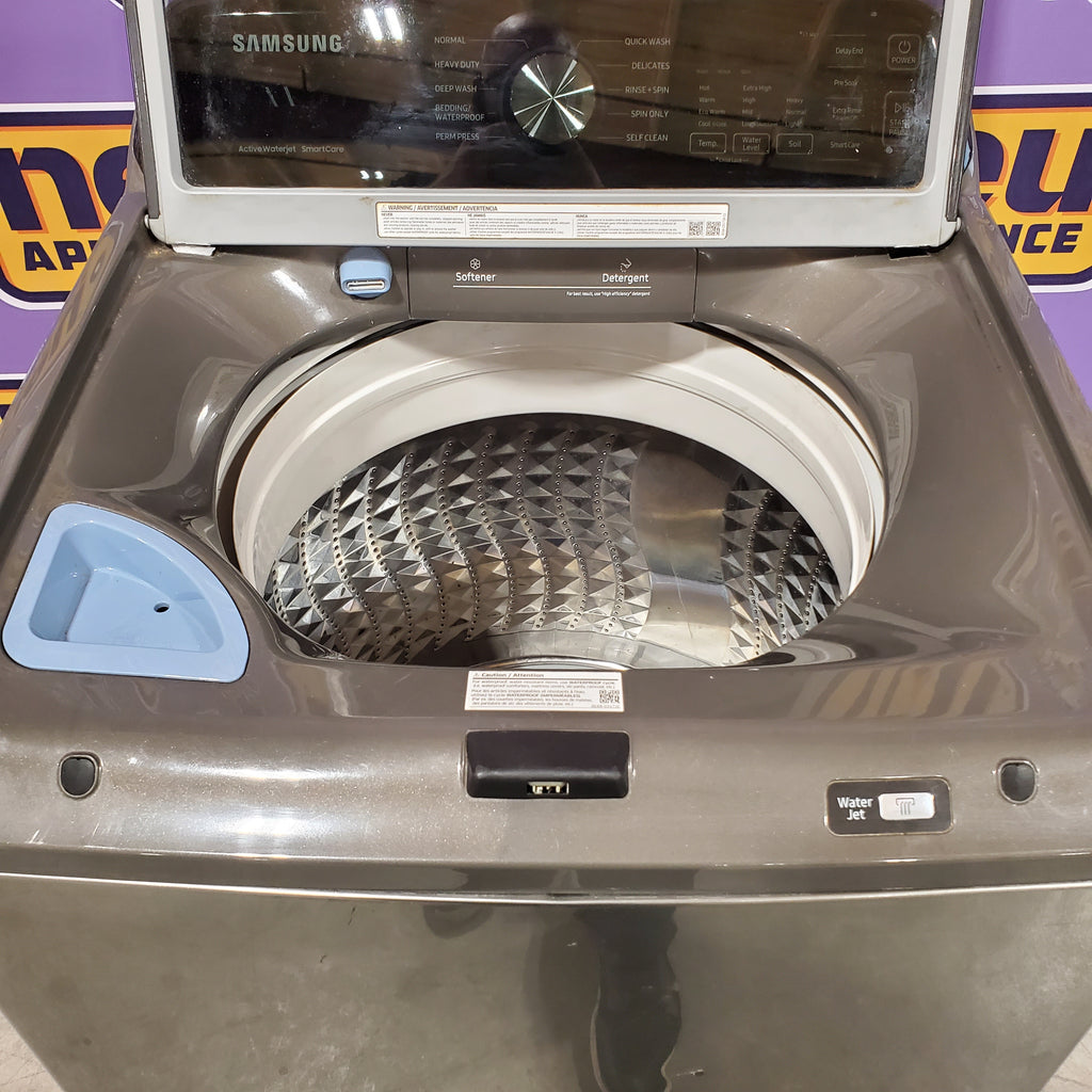 Samsung 4.5 cu. ft. Capacity Top Load Washer with Active WaterJet in Platinum WA45T3400AP - Certified Refurbished and Samsung Platinum Electric 7.4 Cu. Ft. Dryer with Sensor Dry 16065 - DVE45T3400P - Certified Refurbished