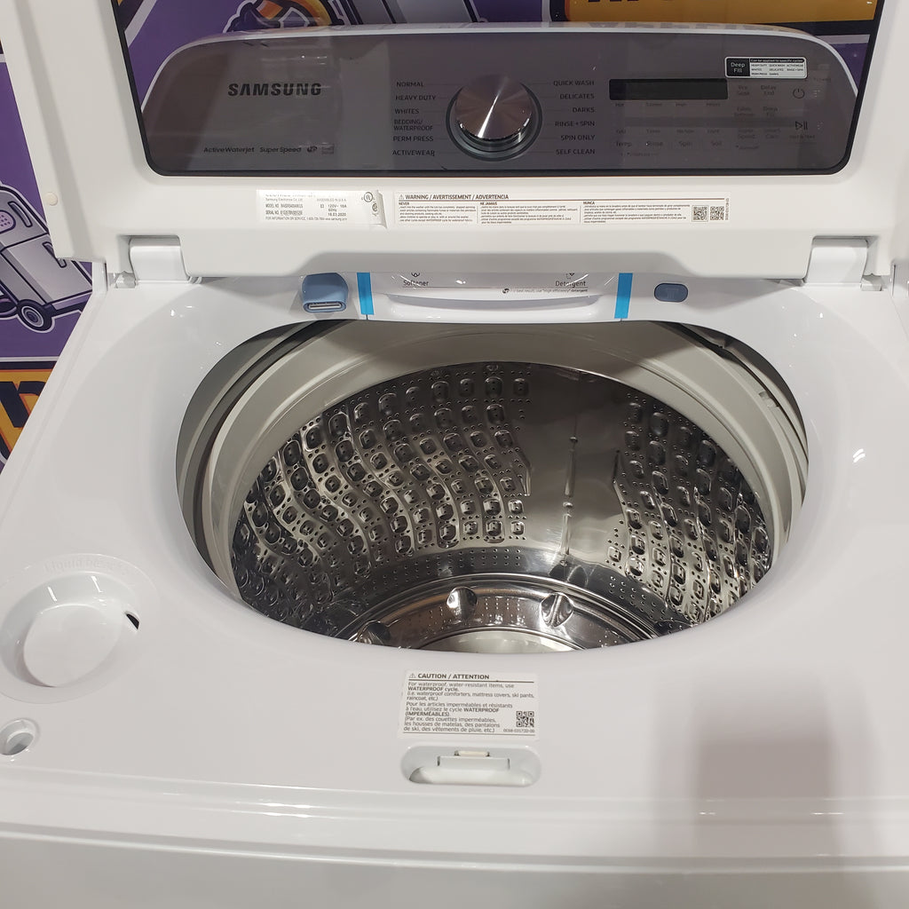 Pictures of Samsung White Top Load 5.0 Cu. Ft. Washer with Super Speed WA50R5400AW - Certified Refurbished and Samsung Front Load Electric Dryer with with Steam Sanitize+ 16111 - DVE52A5500W - Scratch & Dent (Minor) - Neu Appliance Outlet - Discount Appliance Outlet in Austin, Tx