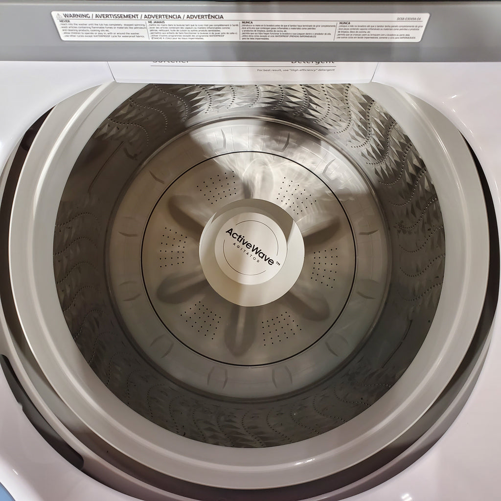 Pictures of Samsung 4.4 cu. ft. Top Load Washer with ActiveWave™ Agitator and Soft-Close Lid in White WA44A3205AW Open Box and Samsung 7.2 cu. ft. Gas Dryer with Sensor Dry in White DVG45T3200W - Scratch & Dent (Minor) - Neu Appliance Outlet - Discount Appliance Outlet in Austin, Tx