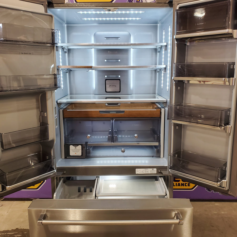 KitchenAid 23.8 cu. ft. Counter-Depth French Door Platinum Interior Refrigerator with PrintShield™ Finish 31133SD123 - KRFC704FPS - Scratch and Dent (Moderate)
