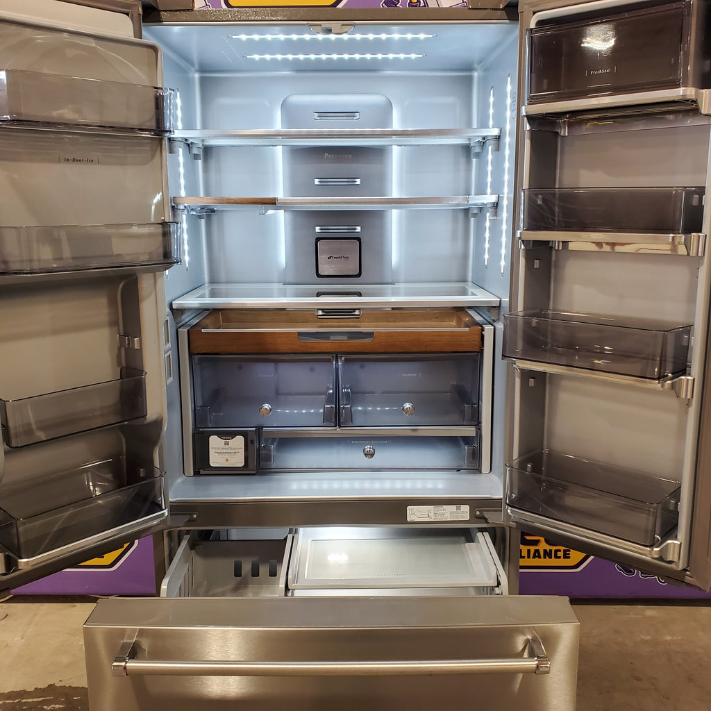 Pictures of KitchenAid 23.8 cu. ft. Counter-Depth French Door Platinum Interior Refrigerator with PrintShield™ Finish 31133SD123 - KRFC704FPS - Scratch and Dent (Moderate) - Neu Appliance Outlet - Discount Appliance Outlet in Austin, Tx