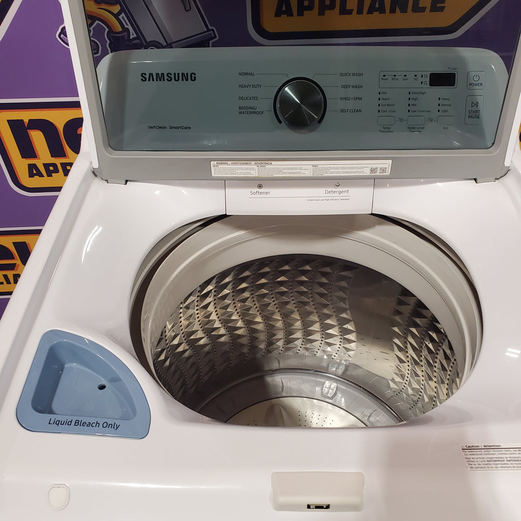Samsung 4.5 cu. ft. Top Load Washer with Vibration Reduction Technology+ in White WA45T3200AW - Certified Refurbished and Samsung 7.2 cu. ft. Electric Dryer with Sensor Dry in White 16054 - DVE45T3200W - Open Box