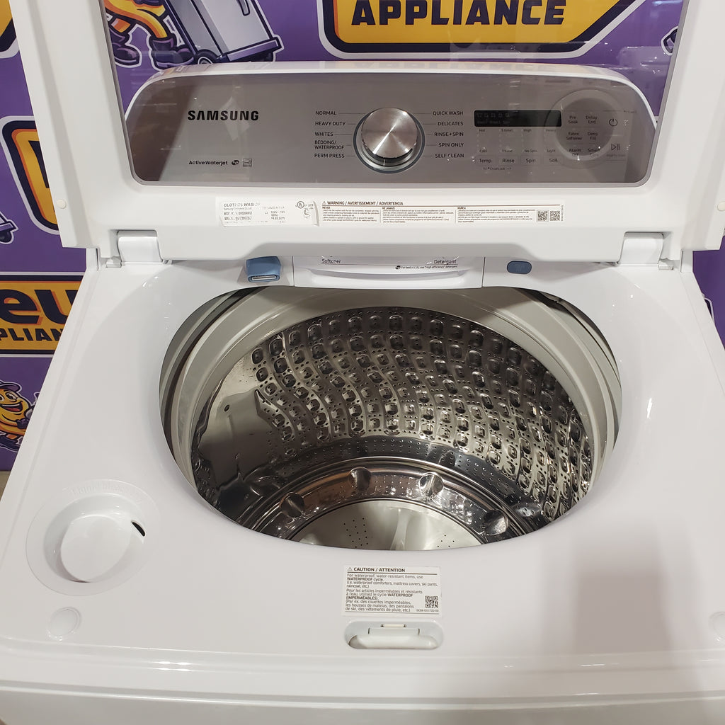Samsung 5.0 cu. ft. Top Load Washing Machine with Active Water Jet 1CR04014 - WA50R5200AW - Certified Refurbished and Samsung White Smart Electric 7.4 Cu. Ft. Dryer with Sensor Dry and Steam Sanitize+ 16106 - DVE52A5500W - Scratch & Dent (Minor)