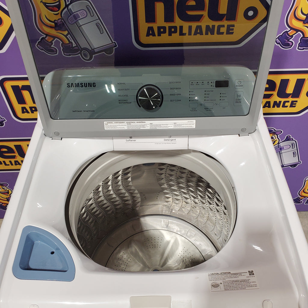 Pictures of Samsung 4.5 cu. ft. Top Load Washer with Vibration Reduction Technology+ in White WA45T3200AW - Open Box and Samsung 7.2 cu. ft. Electric Dryer with Sensor Dry in White 16125 - DVE45T3200W - Open Box - Neu Appliance Outlet - Discount Appliance Outlet in Austin, Tx