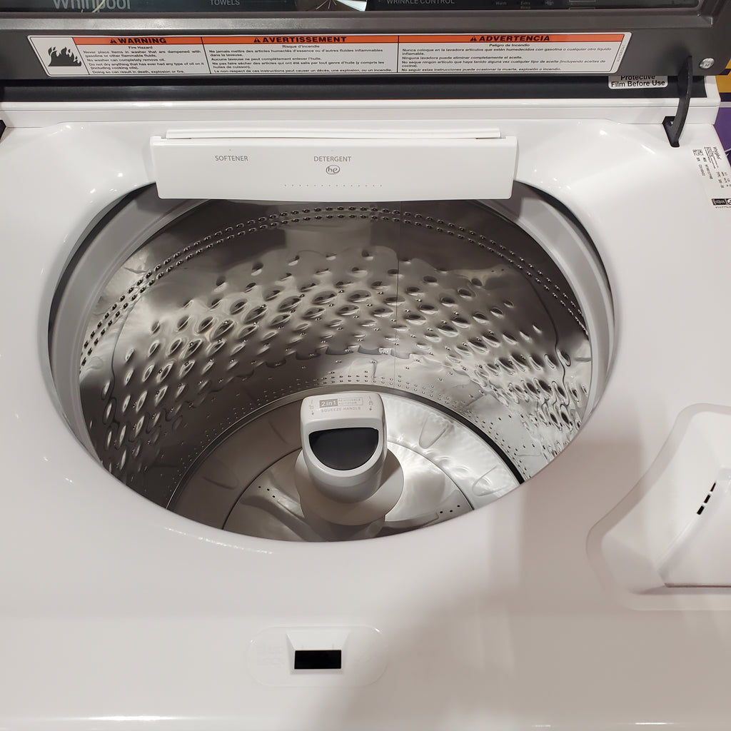 Pictures of Whirlpool 5.2–5.3 Cu. Ft. Top Load Washer in White with Removable Agitator WTW6157PW - Open Box and Whirlpool Top Load Electric Moisture Sensing 7.0 Cu. Ft. Dryer with Steam 16073 - WED5050LW - Open Box - Neu Appliance Outlet - Discount Appliance Outlet in Austin, Tx