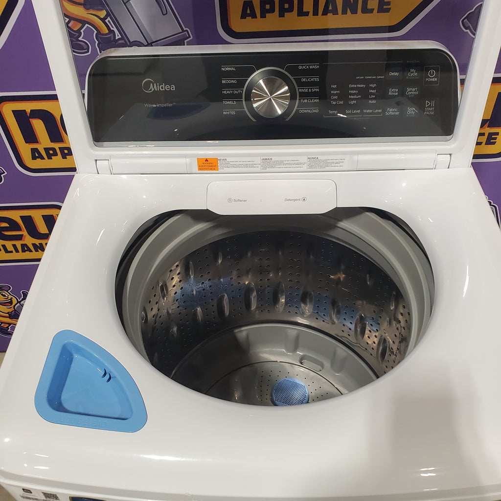 Pictures of Midea 4.5 cu. ft. Smart Top Load Washer with Wave-Impeller in White MLV45N3BWW - Scratch & Dent (Moderate) and Midea 7 cu. ft. Smart Electric Tumble Dryer with Sensor Dry MLTE45N4BWW - Scratch & Dent (Minor) - Neu Appliance Outlet - Discount Appliance Outlet in Austin, Tx