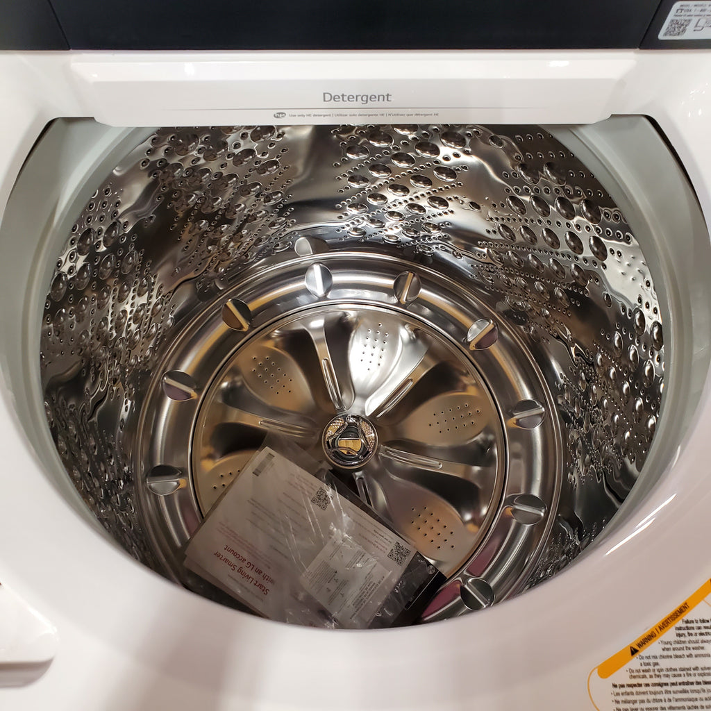 LG 5.5 cu. ft. Mega Capacity Top Load Washer with Impeller in Alpine White WT8400CW - Open Box and LG Energy Star Certified 7.3 cu. ft. Ultra Large Capacity Rear Control Electric Dryer with LG EasyLoad™ Door and AI Sensing 16069 - DLE8400WE - New in Box