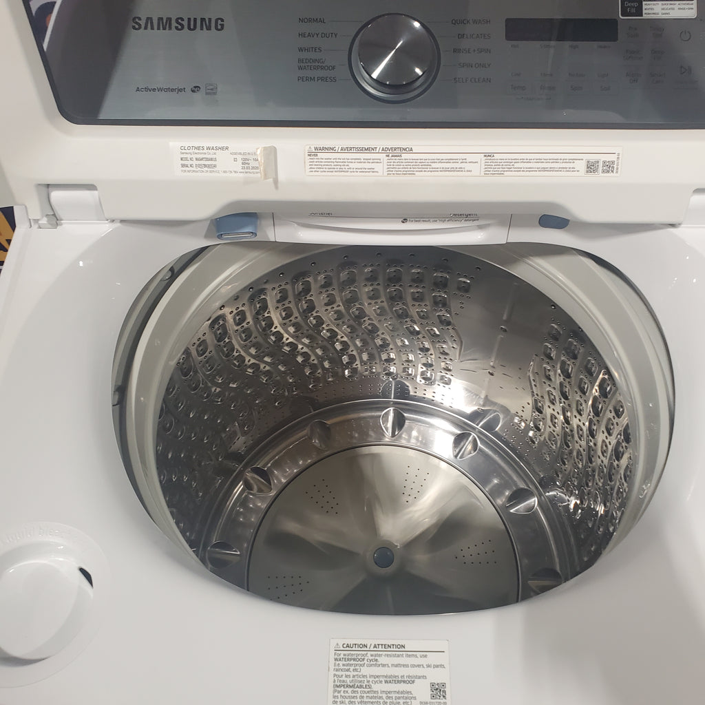 Pictures of Samsung White Top Load 5.4 Cu. Ft. Washer with Active Water Jet WA54R7200AW - Certified Refurbished and Samsung White Electric 7.4 Cu. Ft. Dryer with Sensor Dry DVE50R5200W - Scratch and Dent (Minor) - Neu Appliance Outlet - Discount Appliance Outlet in Austin, Tx
