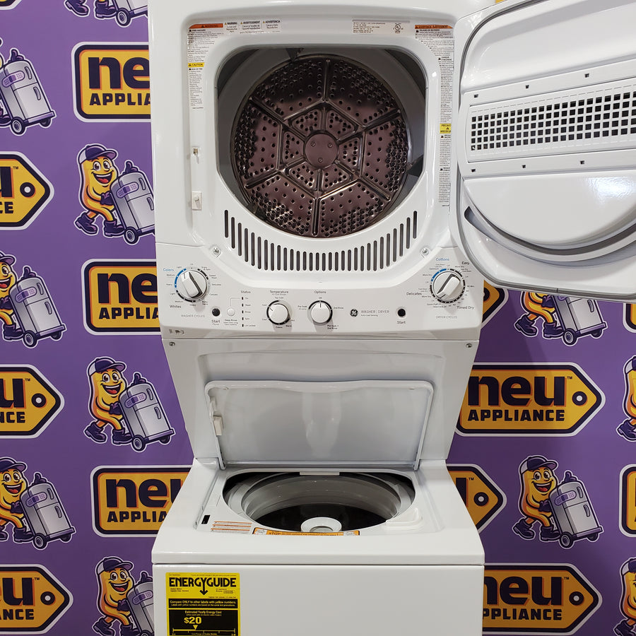 GE 24 in.  Spacemaker 2.3 cu. ft. Washer and 4.4 cu. ft. Gas Laundry Center with Stainless Steel Wash Basket GUD24GSSMWW - Scratch & Dent (Minor)