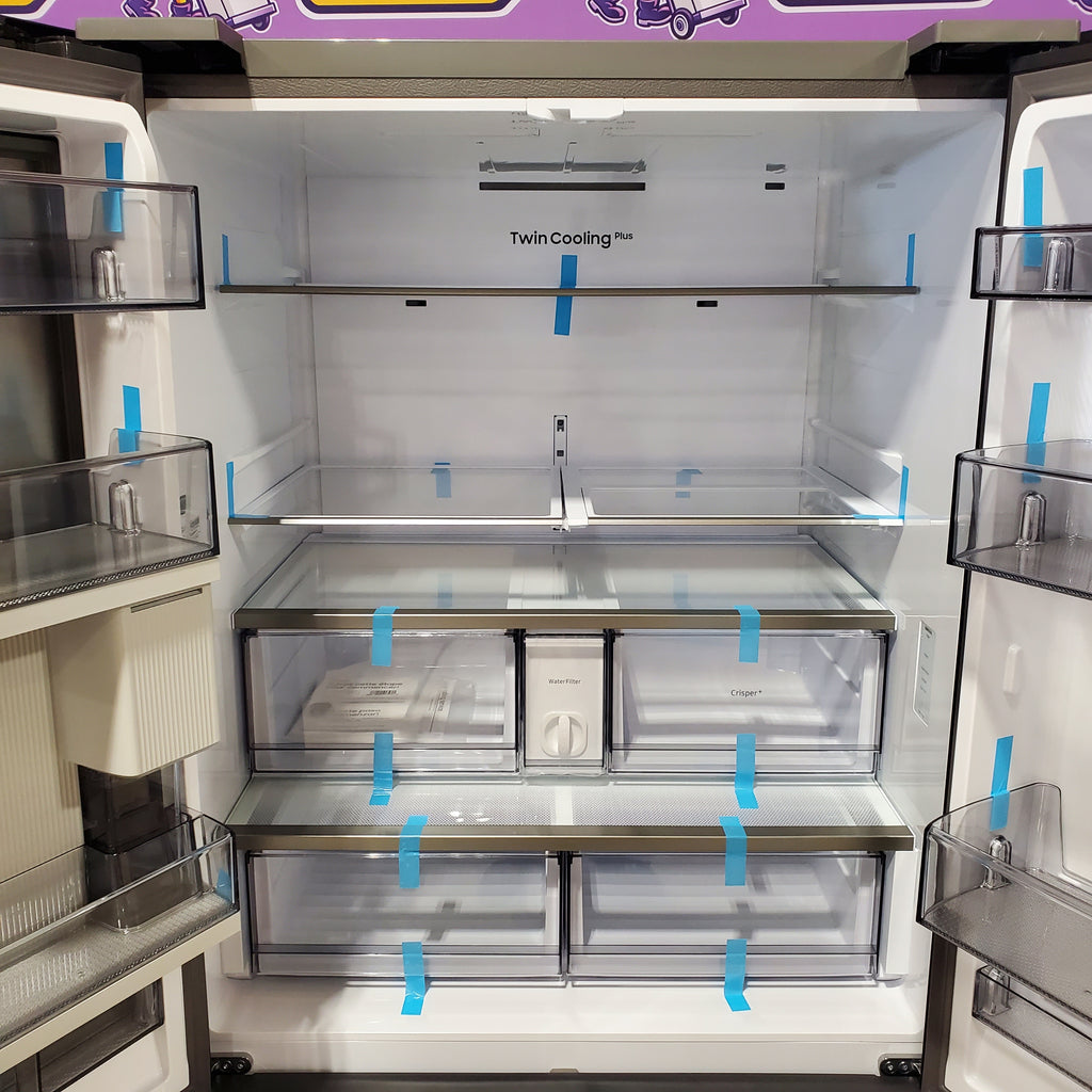 Modern Samsung Bespoke 3-Door French Door RF30BB6600QL Refrigerator doors and a purple appliance on the left.