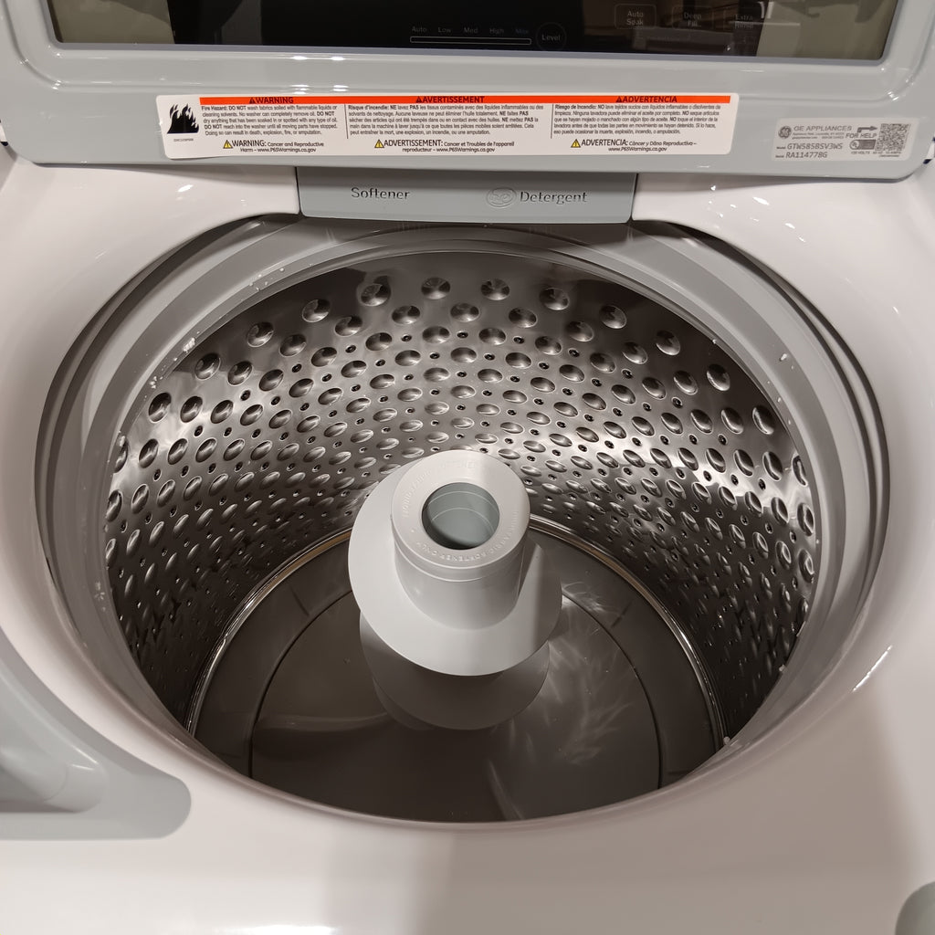 GE 4.5 cu. ft. Top Load Washer with Water Level Control GTW585BSVWS - New in Box and GE Electric 7.4 Cu. Ft. Front Load Dryer with Sensor Dry in White GTD58EBSVWS - Open Box