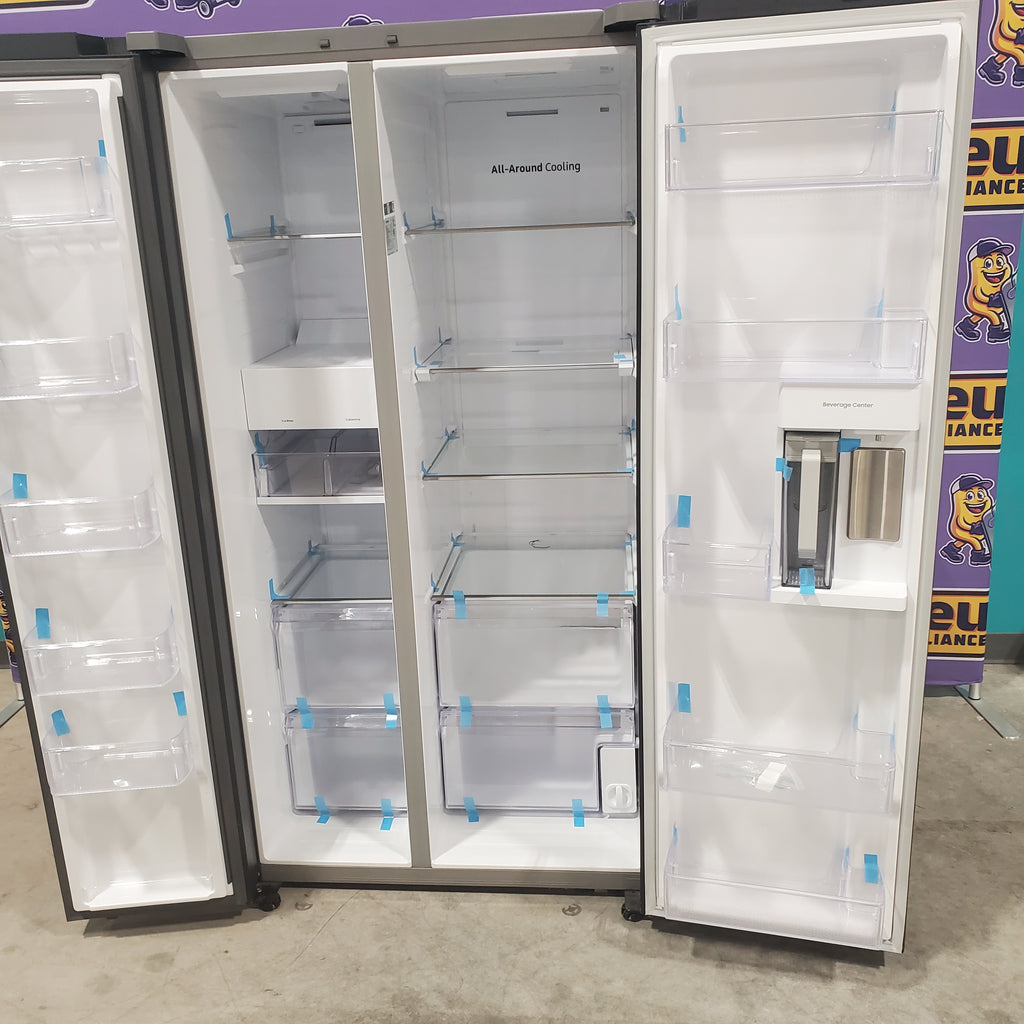 Samsung 36 Inch Freestanding Side by Side Smart Refrigerator with 28 cu. ft. Capacity, SpaceMax™ Technology, Beverage Center, Dual Ice Maker, Auto Open Door, Internal Water Dispenser and Built In Pitcher - Scratch and Dent (Minor)
