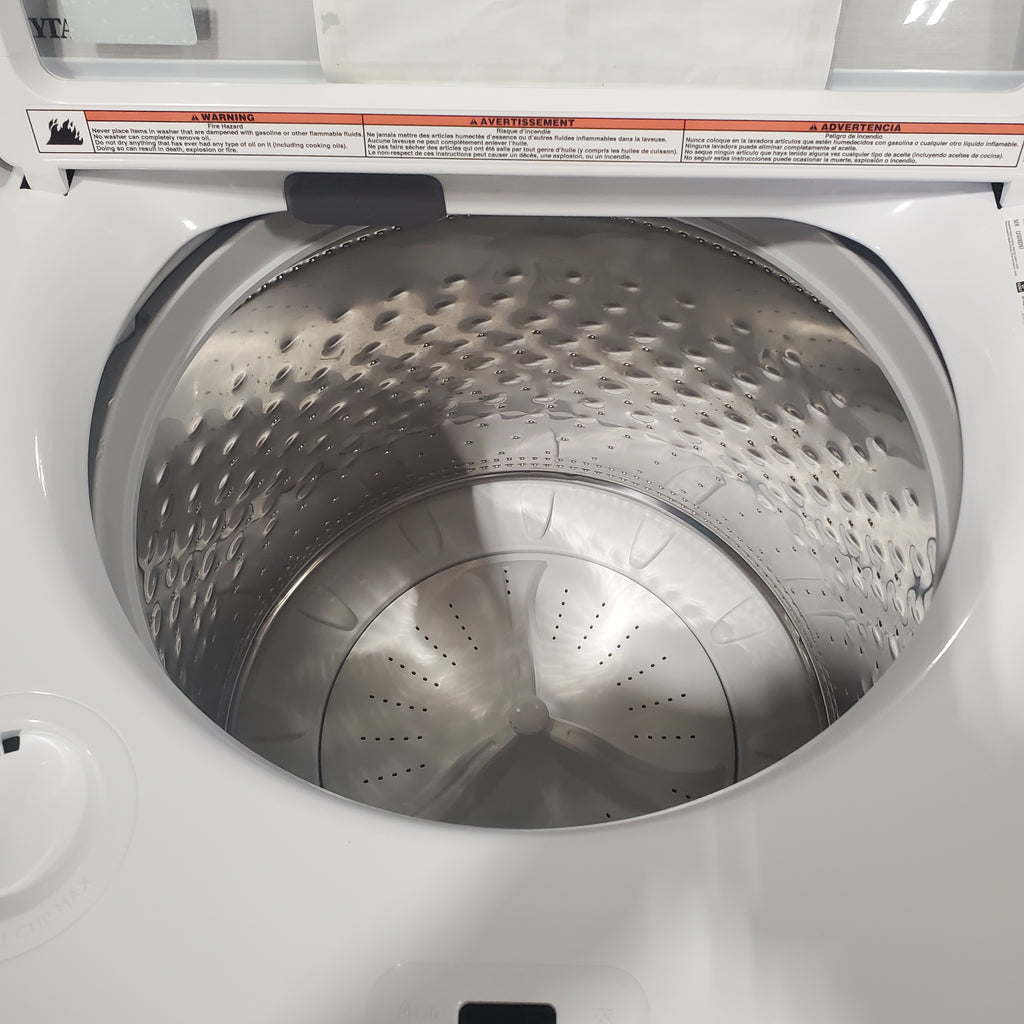 Pictures of Maytag Top Load 4.8 Cu. Ft. Washer with Extra Power MVW5430MW - Scratch and Dent (Moderate) and Maytag Front Load Wrinkle Prevent Electric 7.0 Cu. Ft. Dryer with End of Cycle Signal MED4500MW - Open Box - Neu Appliance Outlet - Discount Appliance Outlet in Austin, Tx