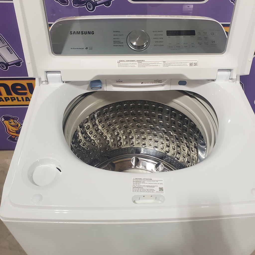 Pictures of Samsung White Top Load 5.0 Cu. Ft. Washer with Active Water Jet WA50R5200AW - Certified Refurbished and Samsung White Electric 7.4 Cu. Ft. Dryer with Sensor Dry DVE50R5200W - Open Box - Neu Appliance Outlet - Discount Appliance Outlet in Austin, Tx
