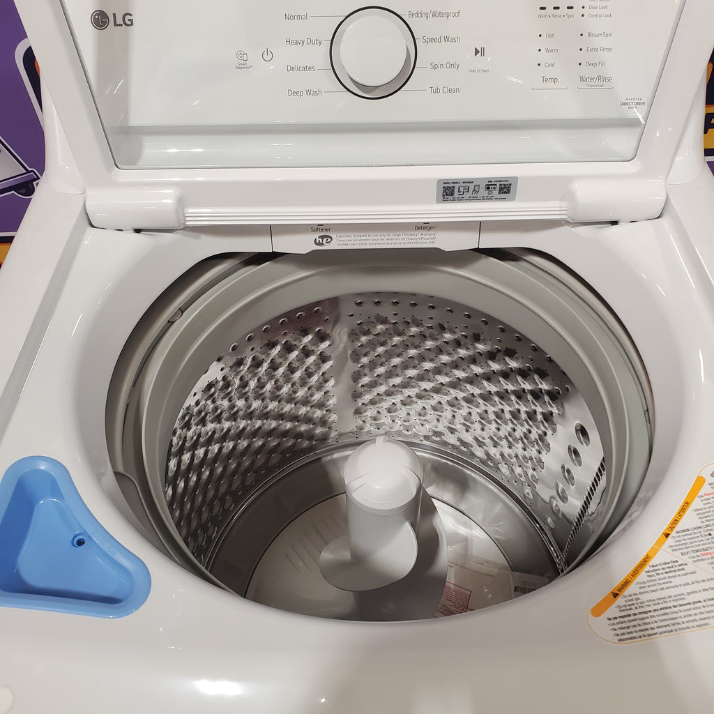 Pictures of LG White Top Load 4.1 Cu. Ft. Washer with TurboDrum Technology WT6105CW - Scratch & Dent (Minor) and LG 7.3 Cu. Ft. Electric Rear Control Ultra Large Capacity Dryer in White with Sensor Dry DLE6100W - Open Box - Neu Appliance Outlet - Discount Appliance Outlet in Austin, Tx