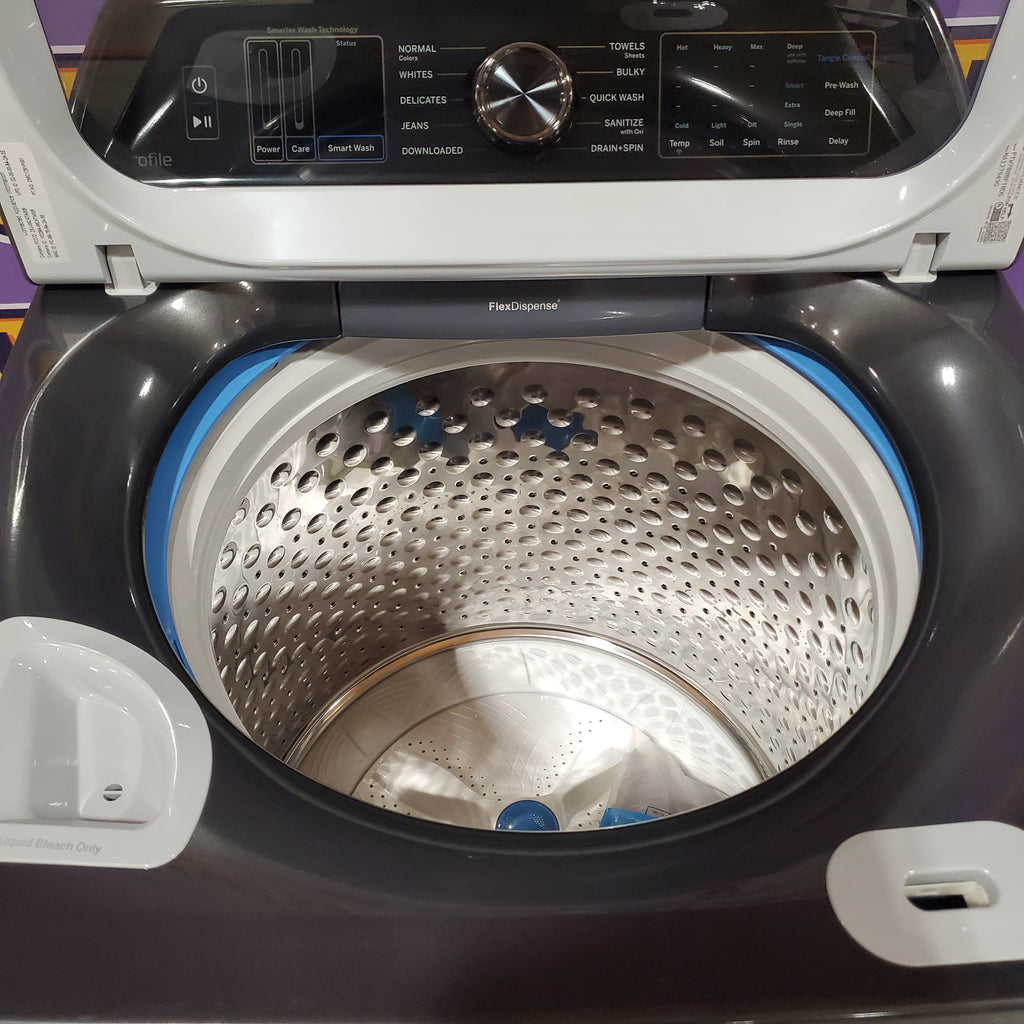 Pictures of GE Profile 5.4 cu. ft. Top Load Washing Machine with FlexDispense PTW700BPTDG - New in Box and GE Profile 7.4 cu. ft. Gas Dryer with Steam 16134 - PTD70EBPTDG - Open Box - Neu Appliance Outlet - Discount Appliance Outlet in Austin, Tx