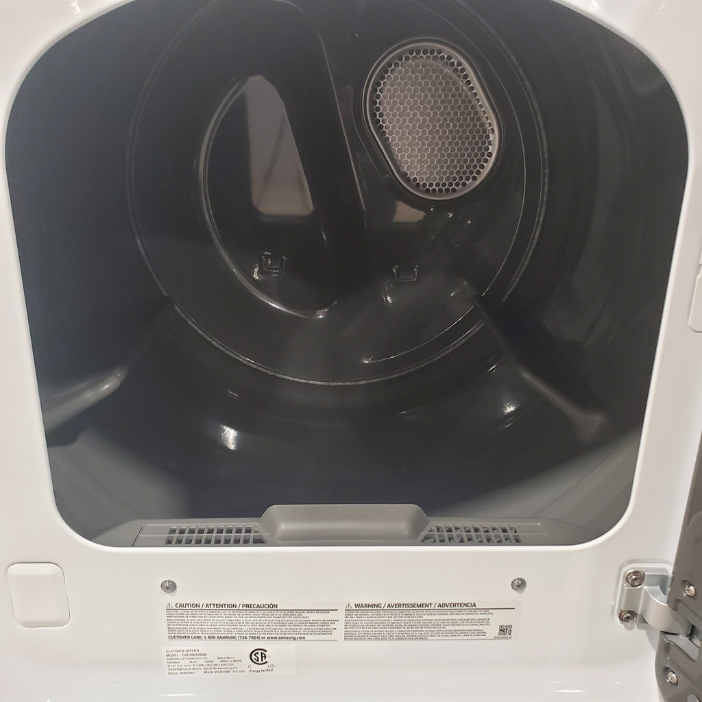 Pictures of Samsung White Top Load 5.4 Cu. Ft. Washer with Active Water Jet WA54R7200AW - Certified Refurbished and Samsung White Electric 7.4 Cu. Ft. Dryer with Sensor Dry DVE50R5200W - Scratch and Dent (Minor) - Neu Appliance Outlet - Discount Appliance Outlet in Austin, Tx