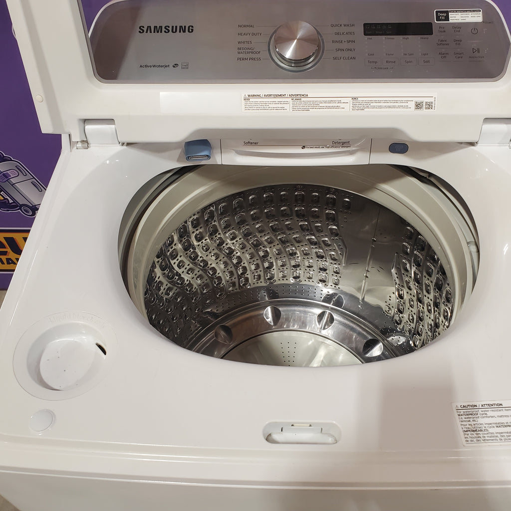 Samsung White Top Load 5.0 Cu. Ft. Washer with Active Water Jet WA50R5200AW - Certified Refurbished and Samsung White Electric 7.4 Cu. Ft. Dryer with Sensor Dry 16085 - DVE50R5200W - Certified Refurbished
