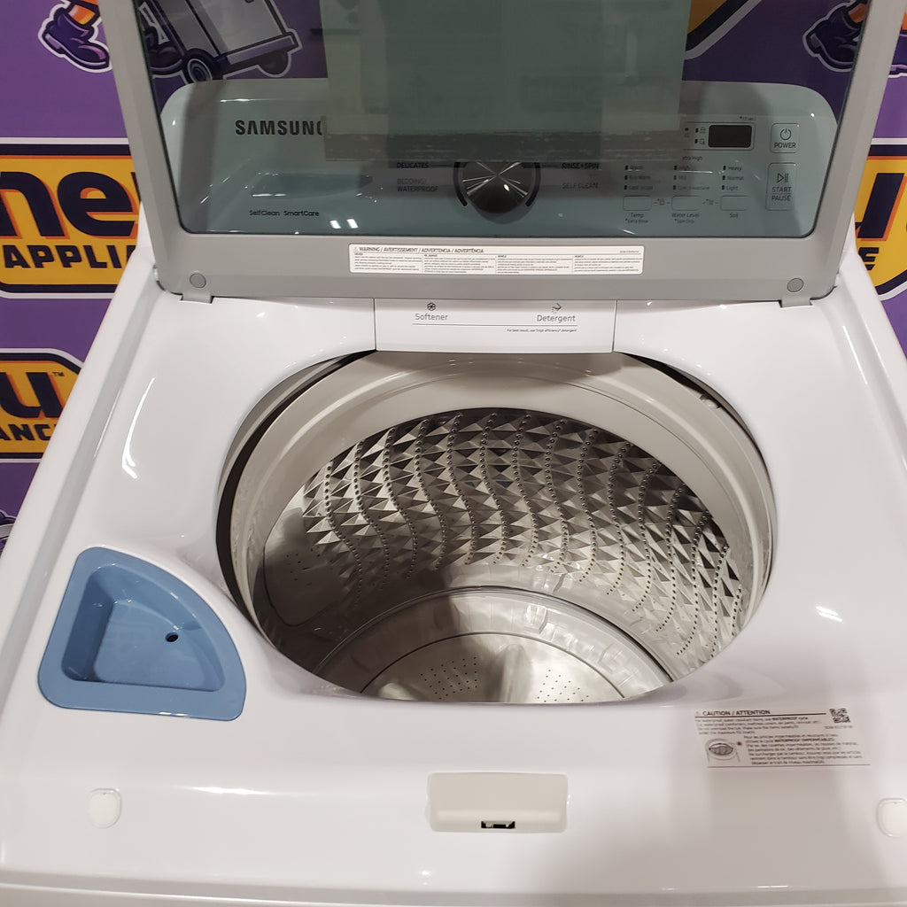 Pictures of Samsung 4.5 cu. ft. Top Load Washer with Vibration Reduction Technology+ in White WA45T3200AW - Scratch & Dent (Minor) and Samsung 7.2 cu. ft. Electric Dryer with Sensor Dry in White 16127 - DVE45T3200W - Open Box - Neu Appliance Outlet - Discount Appliance Outlet in Austin, Tx