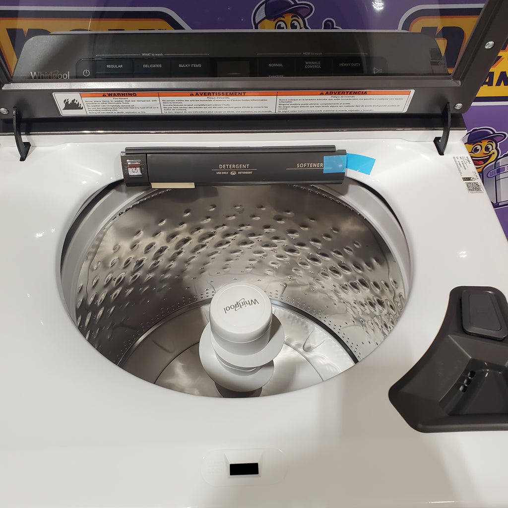 Pictures of Whirlpool High Efficiency Agitator Large Top-Load Washer in White WTW5105HW - Scratch & Dent (Minor) and Whirlpool 7.4 cu. ft. Electric Dryer with AccuDry Sensor and Wrinkle Shield WED5100HW - Scratch & Dent (Minor) - Neu Appliance Outlet - Discount Appliance Outlet in Austin, Tx