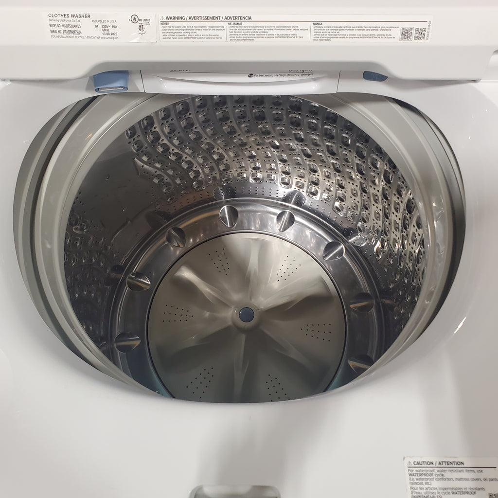 Pictures of Samsung White Top Load 5.0 Cu. Ft. Washer with Active Water Jet WA50R5200AW - Certified Refurbished and Samsung White Electric 7.4 Cu. Ft. Dryer with Sensor Dry DVE50R5200W - Scratch and Dent (Minor) - Neu Appliance Outlet - Discount Appliance Outlet in Austin, Tx
