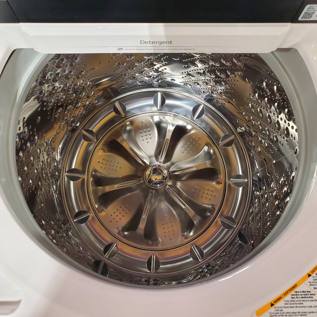 Pictures of LG 5.5 cu. ft. Mega Capacity Top Load Washer with Impeller in Alpine White WT8400CW - Open Box and LG Energy Star Certified 7.3 cu. ft. Ultra Large Capacity Rear Control Electric Dryer with LG EasyLoad™ Door and AI Sensing 15023 - DLE8400WE - New in Box - Neu Appliance Outlet - Discount Appliance Outlet in Austin, Tx