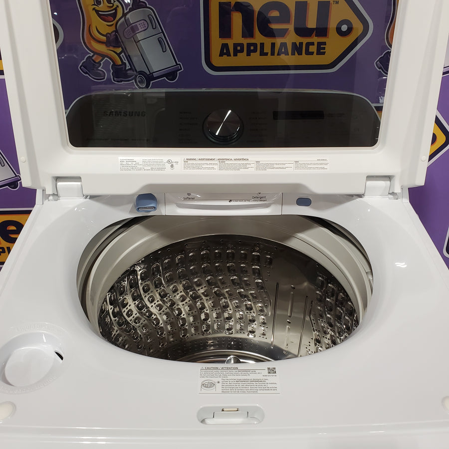 Samsung 5.2 cu. ft. Large Capacity Smart Top Load Washer with Super Speed Wash in White WA52DG5500AW - Open Box and Samsung White Smart Electric 7.4 Cu. Ft. Dryer with Sensor Dry and Steam Sanitize+ 16179 - DVE52A5500W - Scratch & Dent - Minor (Copy)