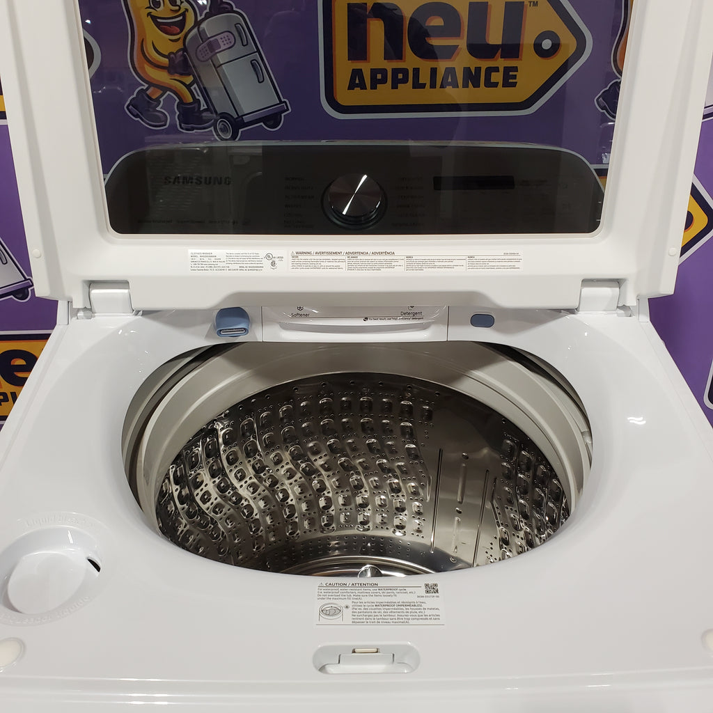 Pictures of Samsung 5.2 cu. ft. Large Capacity Smart Top Load Washer with Super Speed Wash in White WA52DG5500AW - Open Box and Samsung White Smart Electric 7.4 Cu. Ft. Dryer with Sensor Dry and Steam Sanitize+ 16179 - DVE52A5500W - Scratch & Dent - Minor (Copy) - Neu Appliance Outlet - Discount Appliance Outlet in Austin, Tx