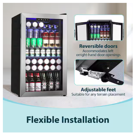 SIMZLIFE 17.3 in. Single Zone-130 Can Freestanding Beverage and Wine Cooler in Silver, LED Light, UV Protection BR008-110SI-EH - Open Box
