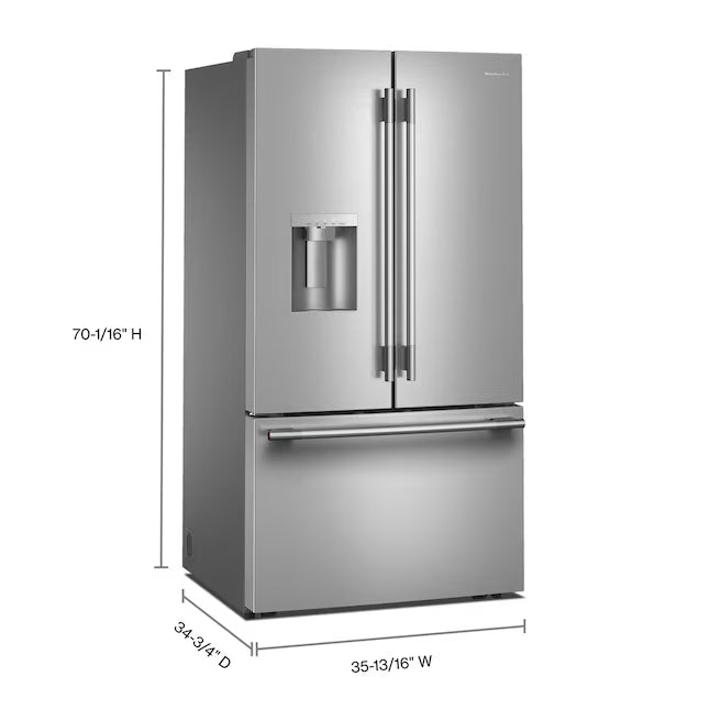 KitchenAid 36 in. 30 cu. ft. Standard Depth French Door Refrigerator in PrintShield Stainless with Exterior Water and Ice KRFF436SPS - Scratch & Dent (Minor)