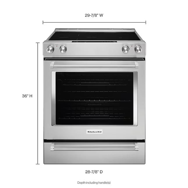 KitchenAid 30-in Glass Top 5 burners 7.1-cu ft Convection Oven Slide-In Electric Range in Stainless Steel KSEB900ESS - Open Box